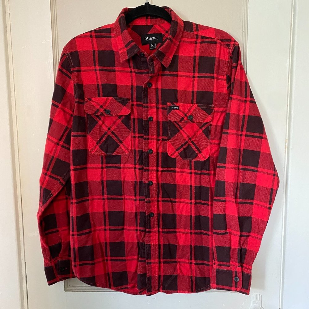 BRIXTON Men's Plaid Flannel Long Sleeved Button Down Shirt Red Black